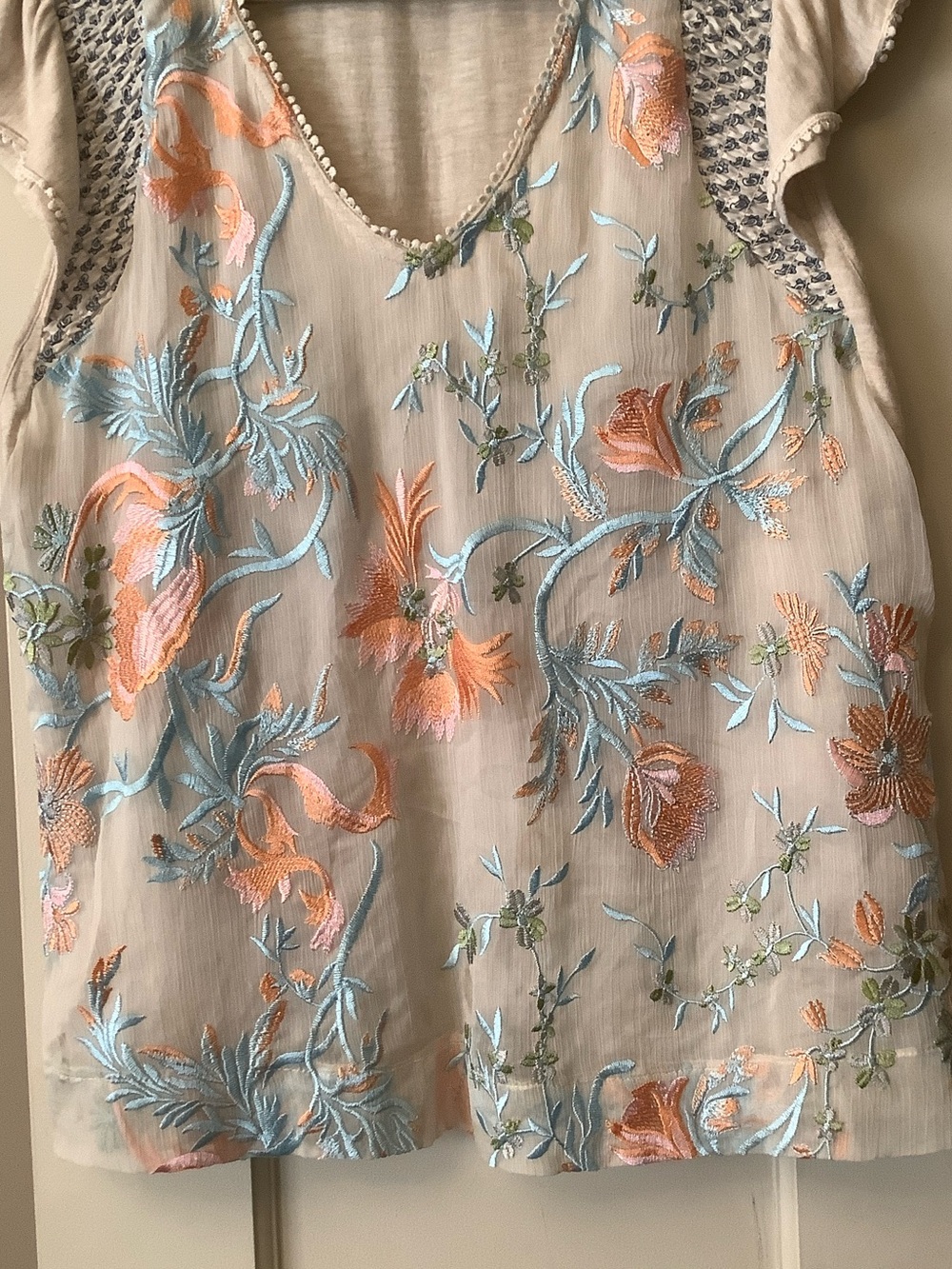 Anthropologie Floral Embroidered Flutter Sleeve Top - Picture 4 of 7
